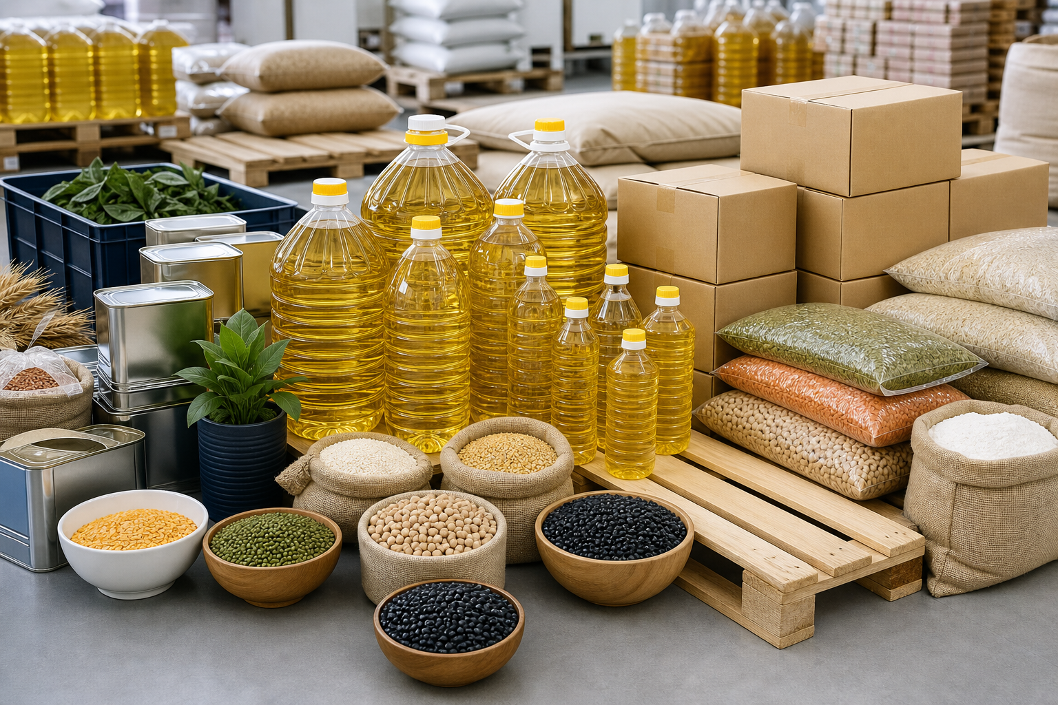 Edible oils, grains, and food commodities prepared for distribution